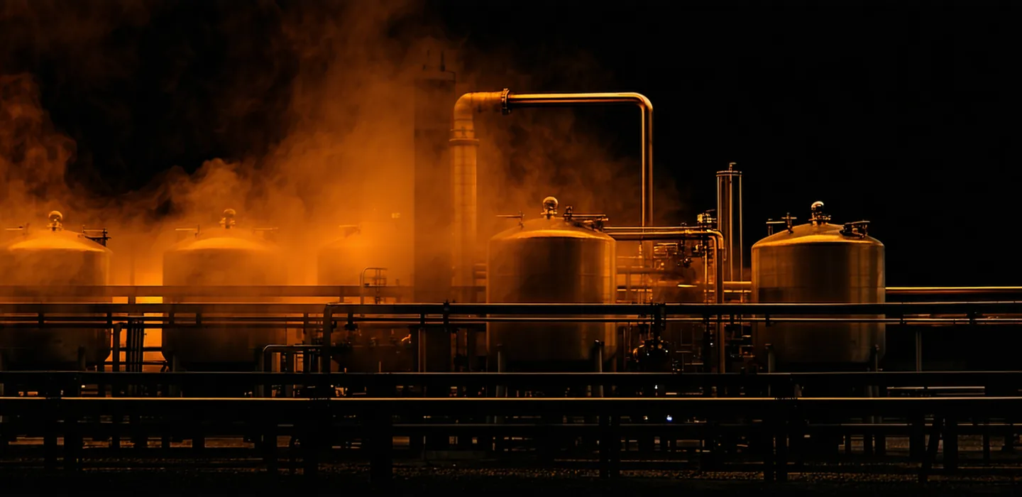 Abstract industrial visualization of a continuous food processing facility
