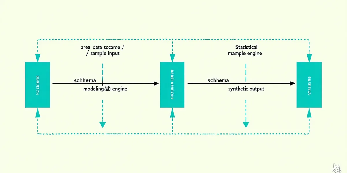 Twynvex pipeline architecture: User data schema feeds into the statistical modeling engine, which outputs a distribution model. The constraint solver reads this model to generate synthetic rows. A privacy barrier arrow marks that zero real rows cross into the output stage.