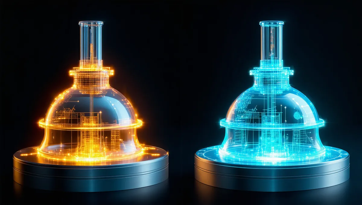 Abstract 3D visualization of overlapping digital and physical reactor geometry — the twin engine concept